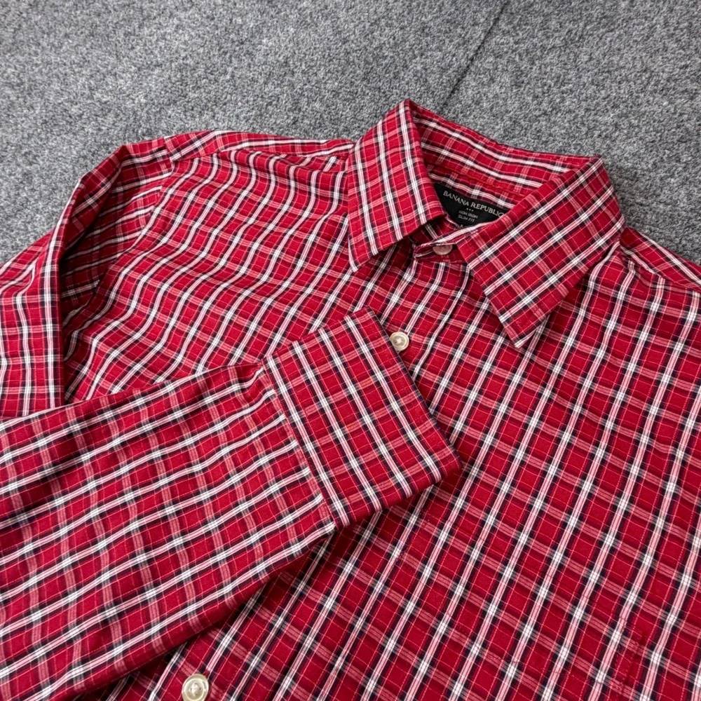 Banana Republic Slim Fit Shirt Red Plaid Long‎ Sleeve Mens Size M 15-15.5 33-34
